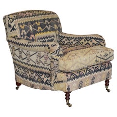 Vintage New Old Stock Large George Smith Signature Scroll Arm Kilim Upholstered Armchair