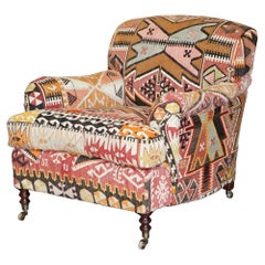 New Old Stock Large George Smith Signature Scroll Arm Kilim Upholstery Armchair