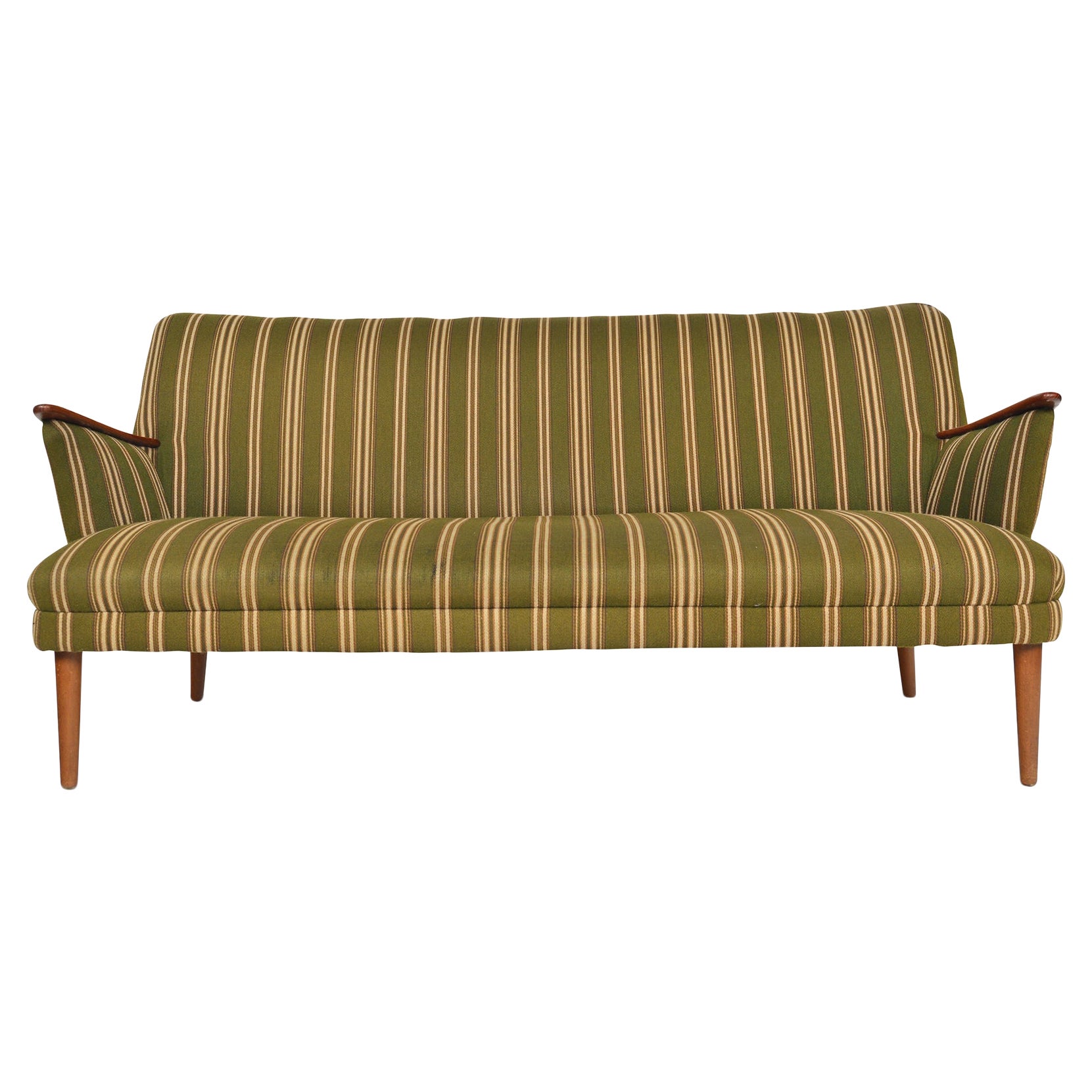 Danish Modern Sofa in Green Striped Wool with Teak Paws For Sale