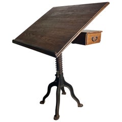 Rare Morse Drafting Table, Cast Iron and Wood, with Seldom Seen Drawer