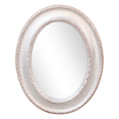 Retro Neoclassical Regency Oval Silver Hand Carved Wooden Mirror