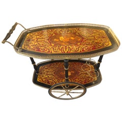 Boulle with Wood Inlay & Reticulated Brass Bar Cart, Italy