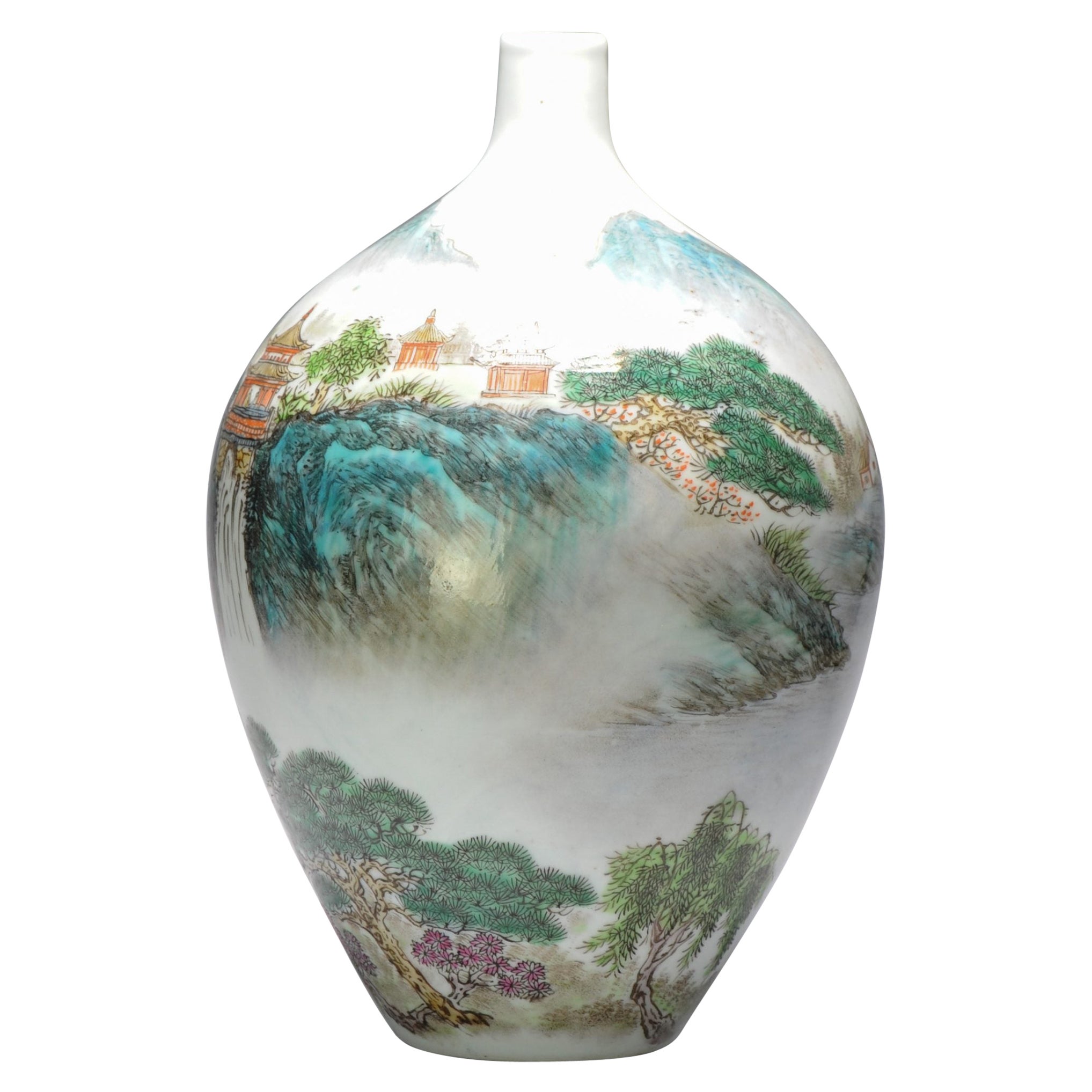 Vintage 20C Chinese Porcelain Landscape Vase China Marked on Base