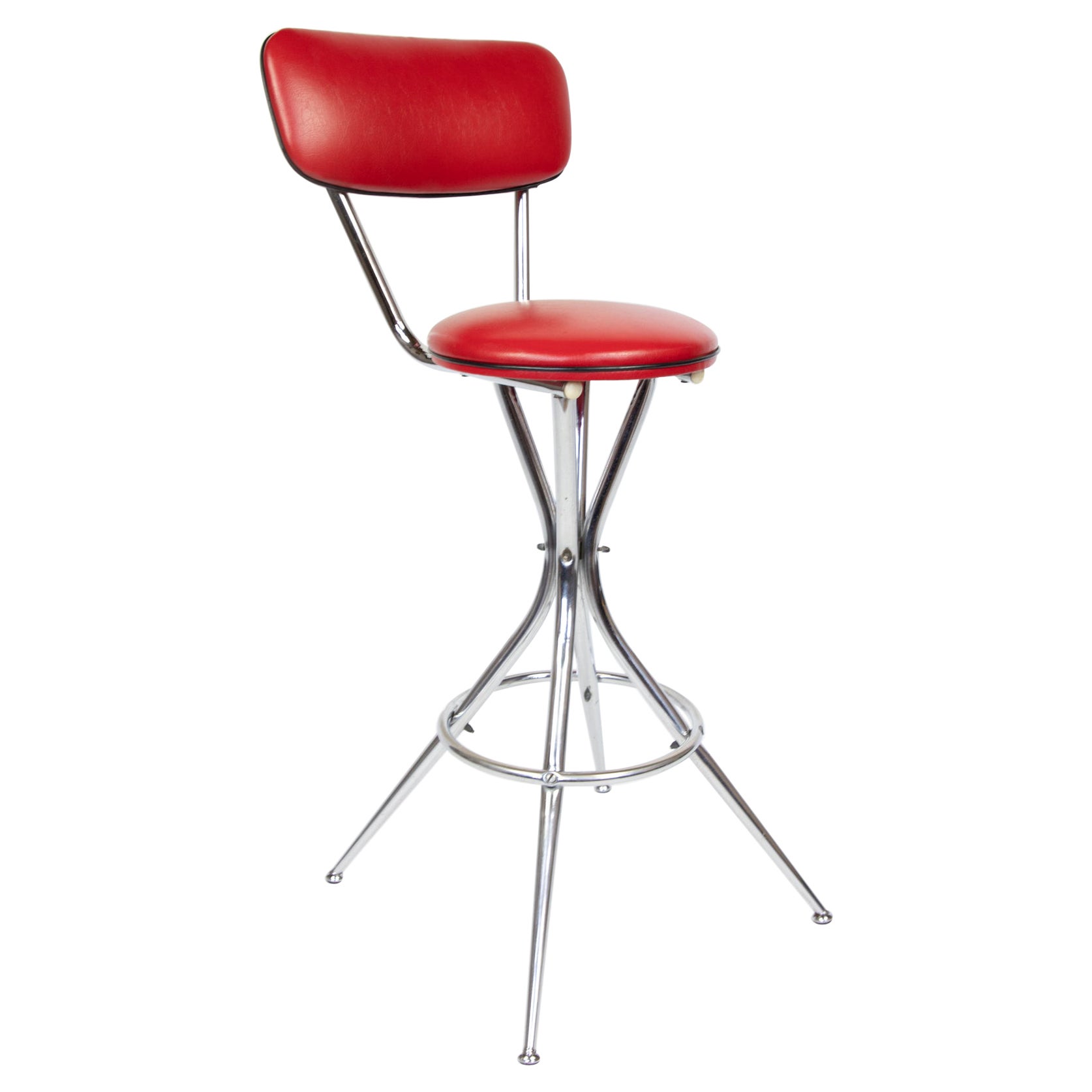 Mid Century Modern Bar Stool in Red Faux Leather, Chrome , Italy, 1950s For Sale