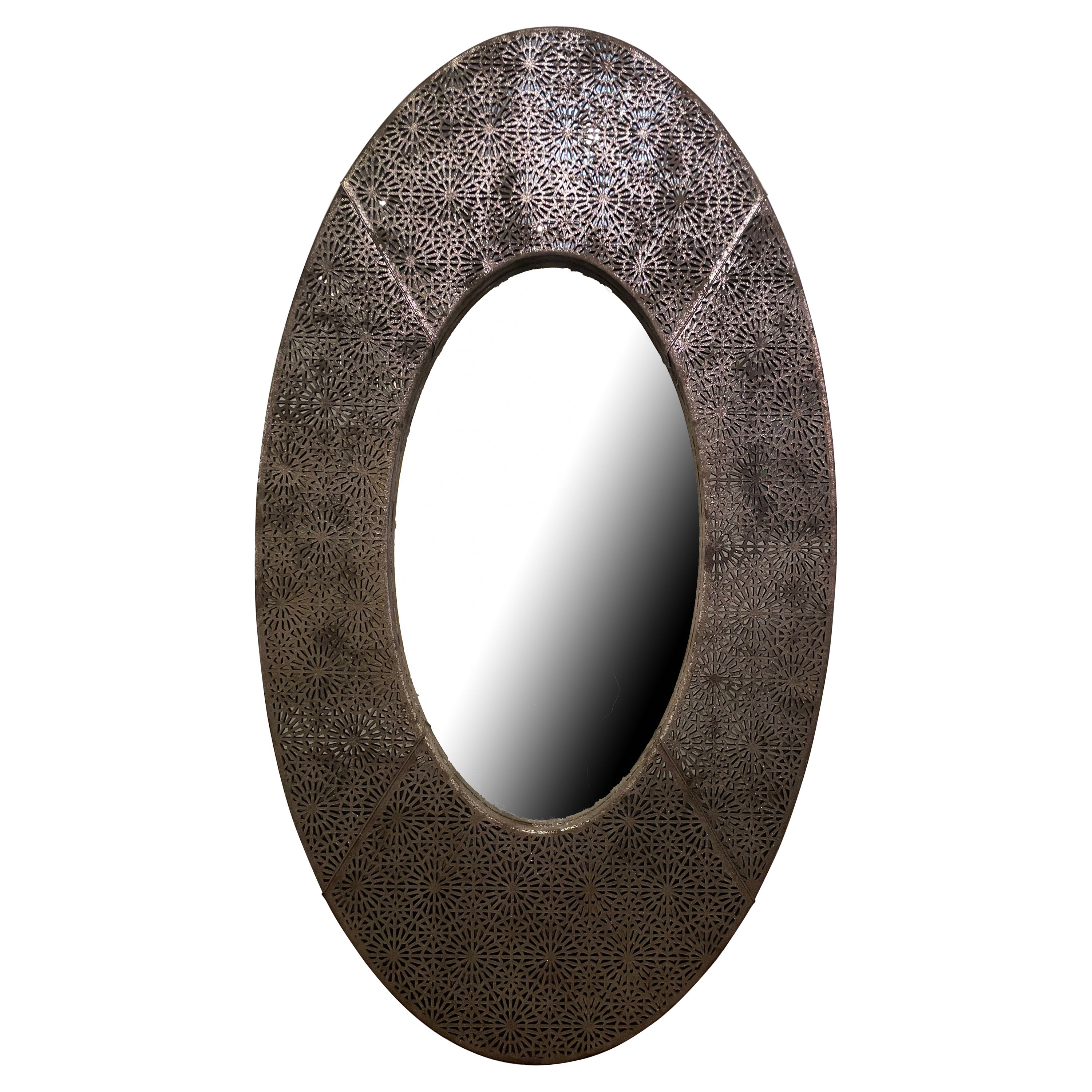 American Modern Brown and Silver Metallic Leather Oval Mirror For Sale