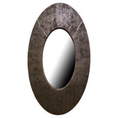 American Modern Brown and Silver Metallic Leather Oval Mirror
