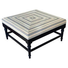 Custom Upholstered Black Lacquered Ottoman with Blue & White Striped Fabric