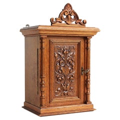 Antique German 1900s Solid Oak Carved Wall Cabinet Apothecary