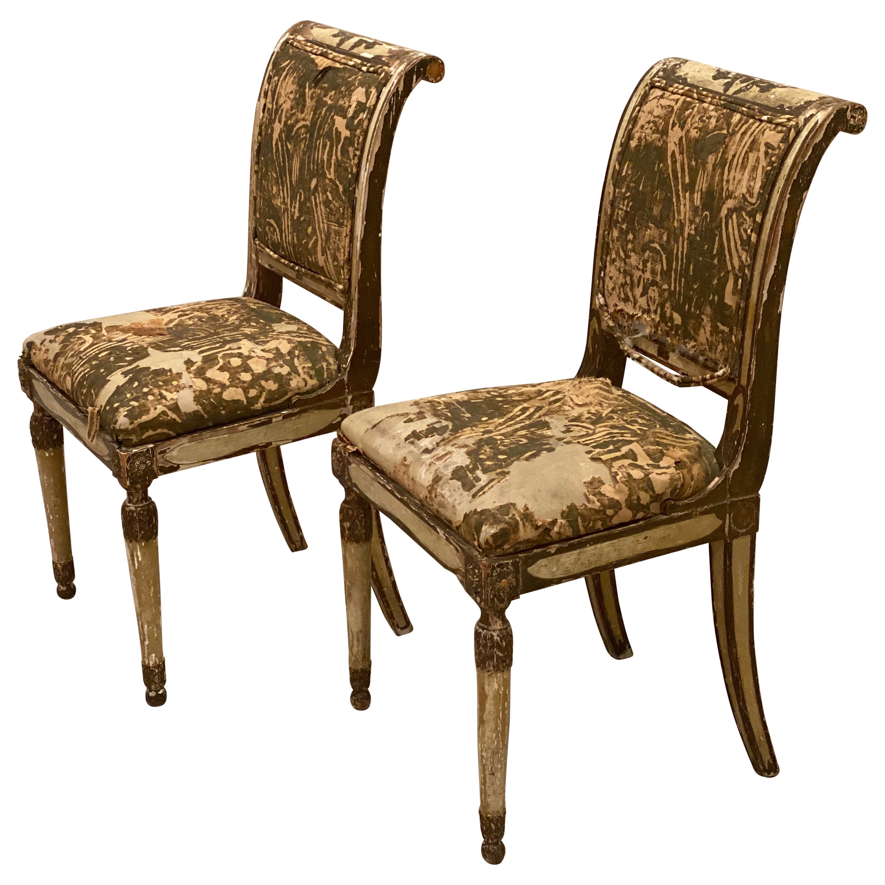 Pair of Italian Neoclassical Style Painted & Gilt Side Chairs, 19th Century