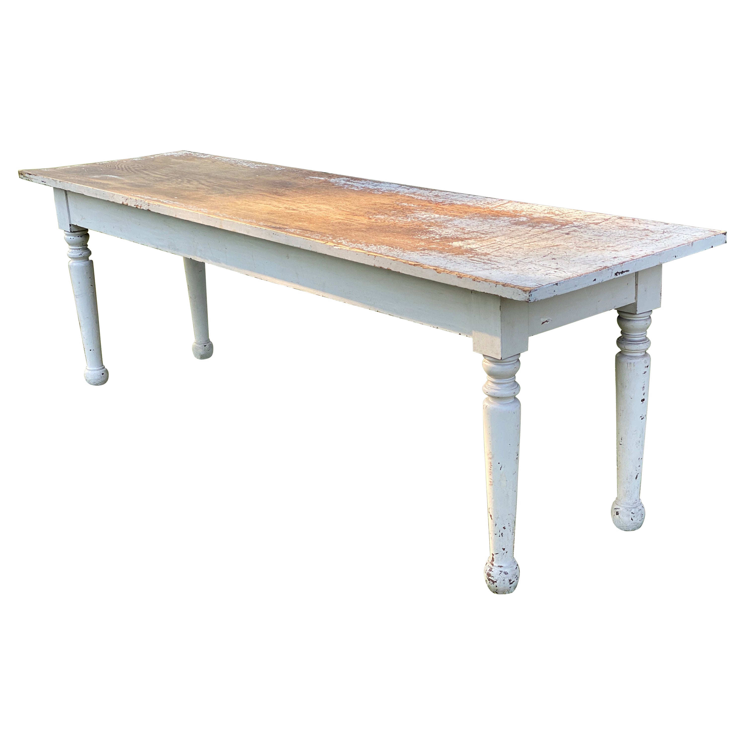 Rustic White Painted Long Narrow Farm Table For Sale