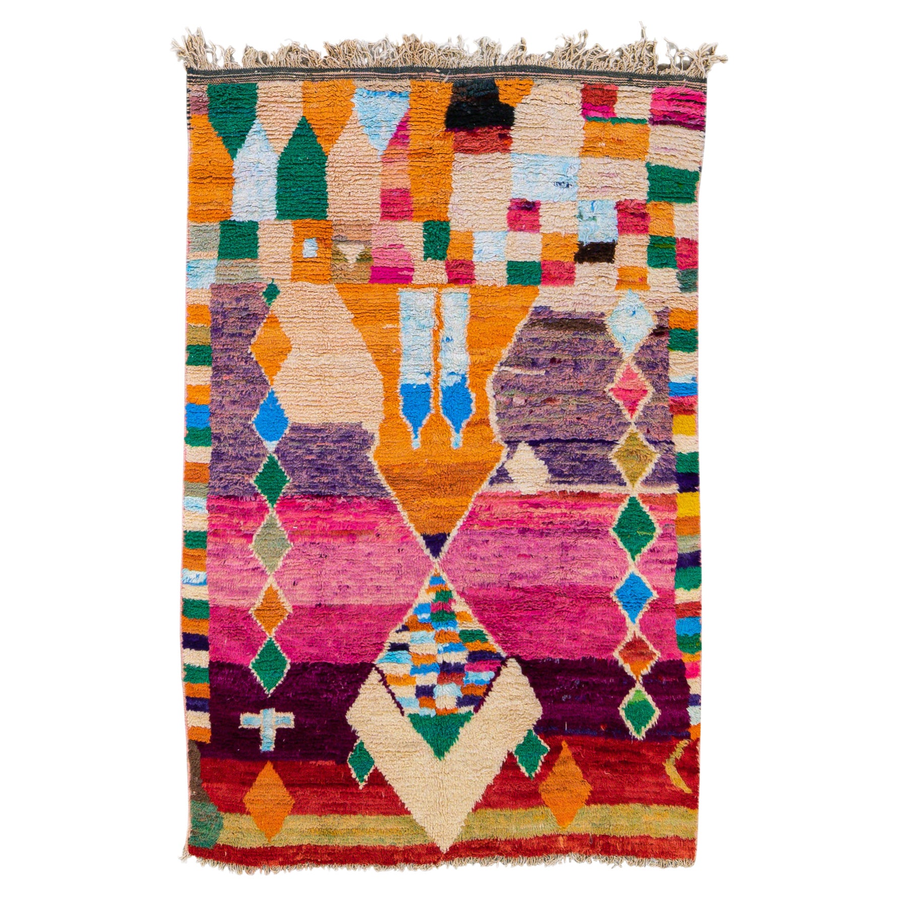 Tappeto vintage Boujad marocchino fatto a mano in lana berbera geometrica multicolore