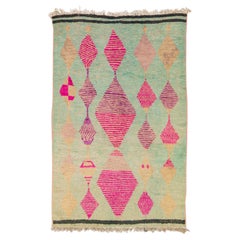 Vintage Azilal Moroccan Handmade Pink Geometric Diamond Pattern Green Wool Rug