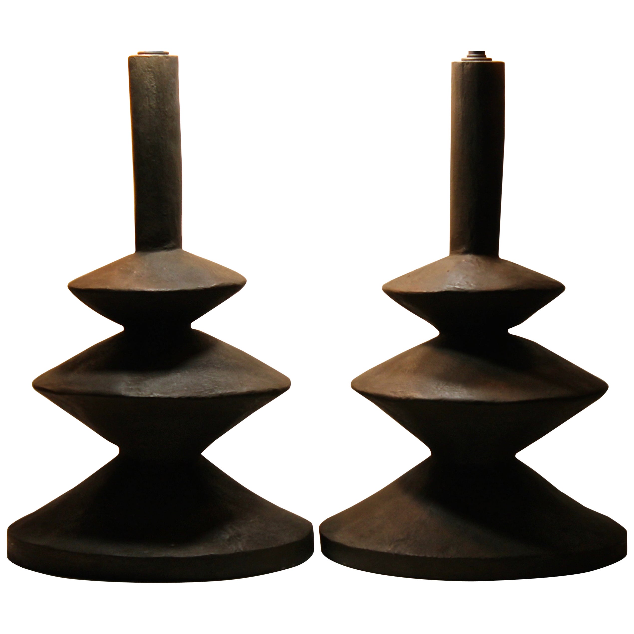Pair Jaques Grange Sculptural Plaster Lamps After Giacometti