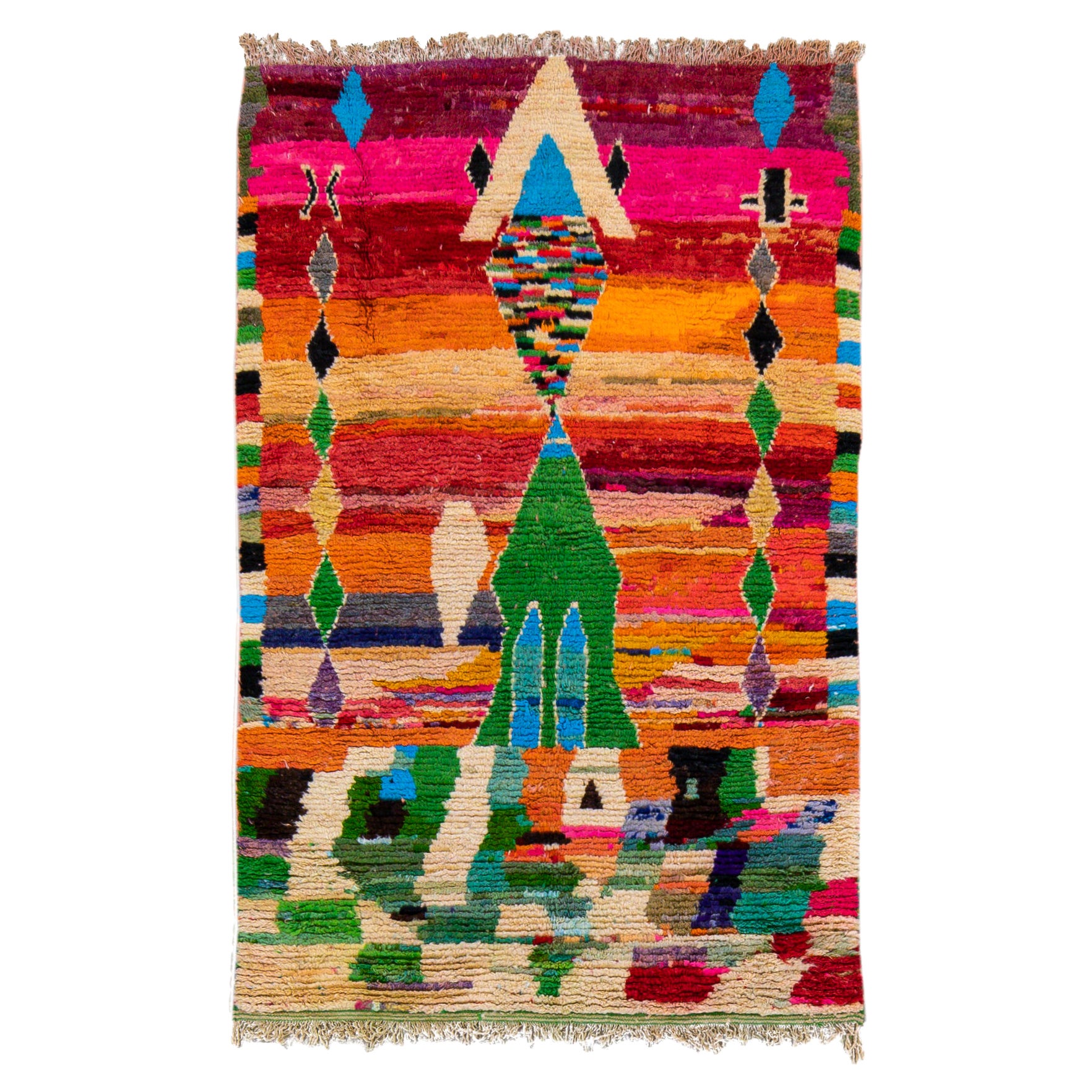 Vintage Boujad Moroccan Handmade Multicolor Berber Wool Rug For Sale