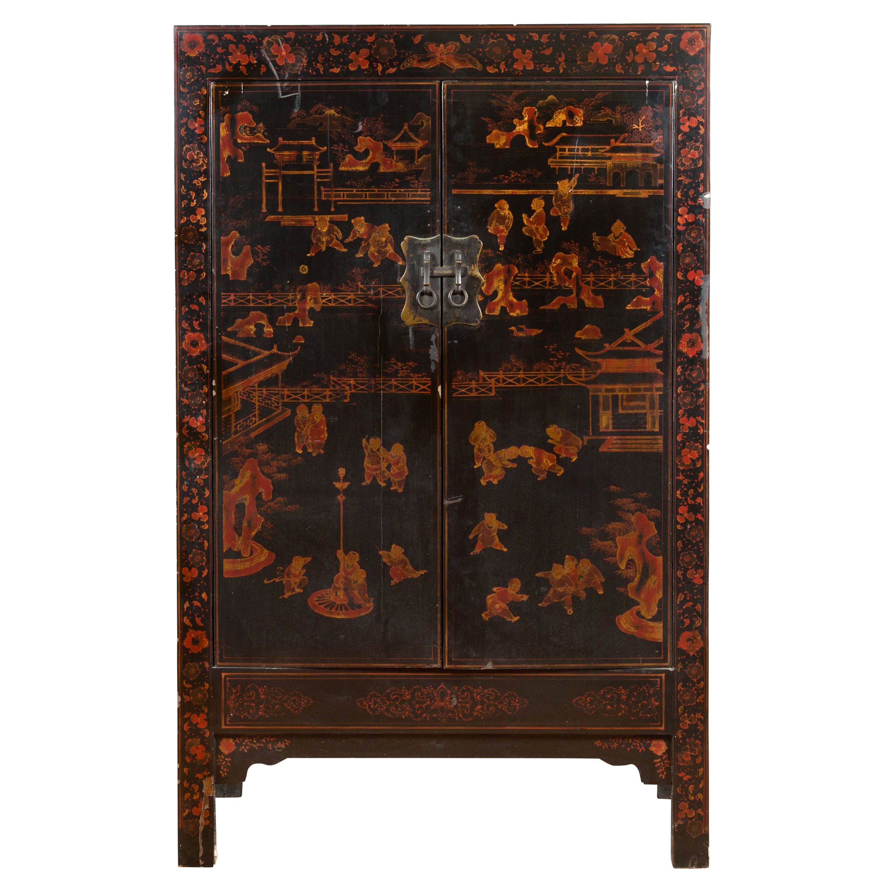 Chinese Early 20th Century Black Lacquer Cabinet with Chinoiserie Décor