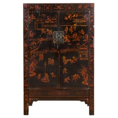 Antique Chinese Early 20th Century Black Lacquer Cabinet with Chinoiserie Décor