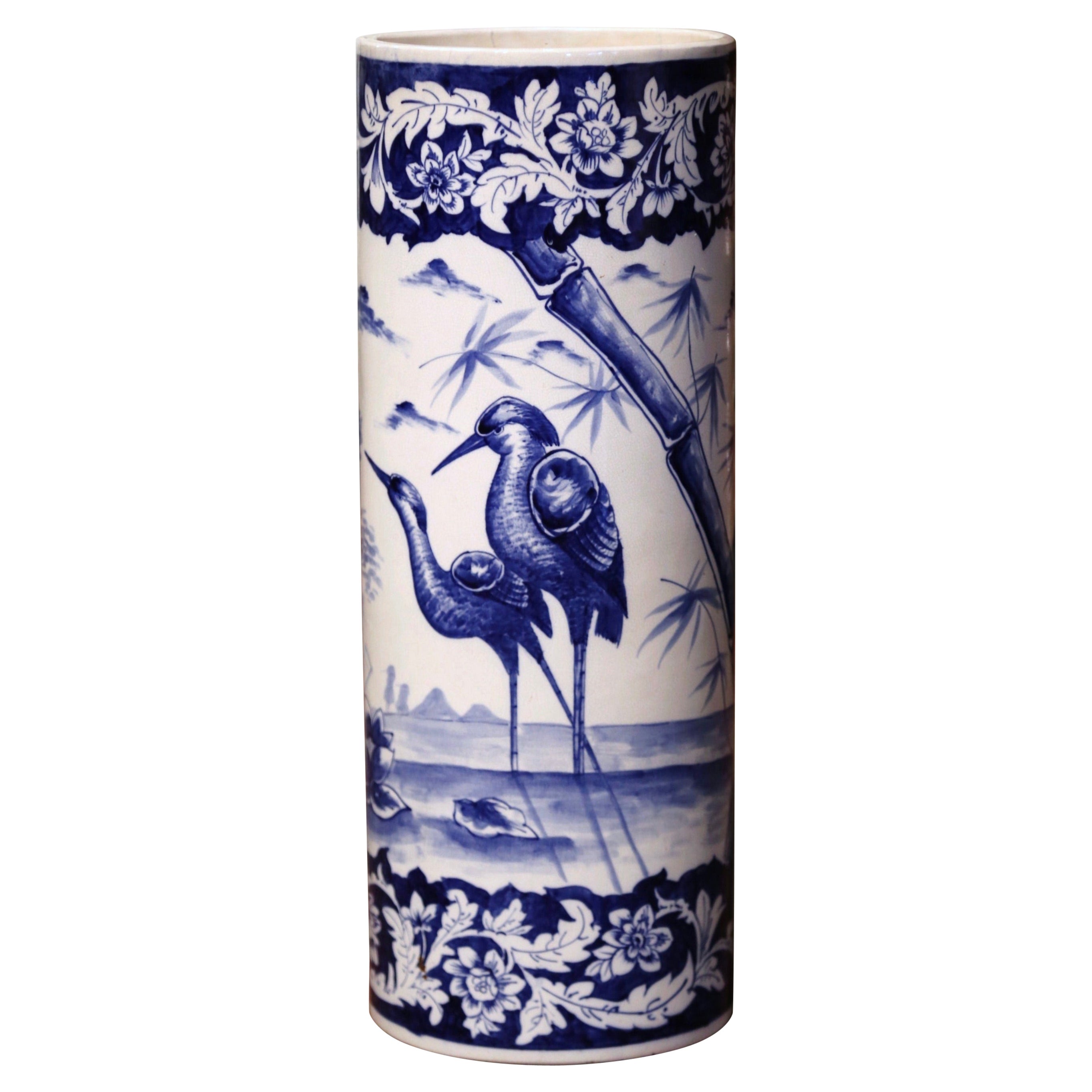 19th Century French Hand Painted Blue and White Porcelain Umbrella Stand