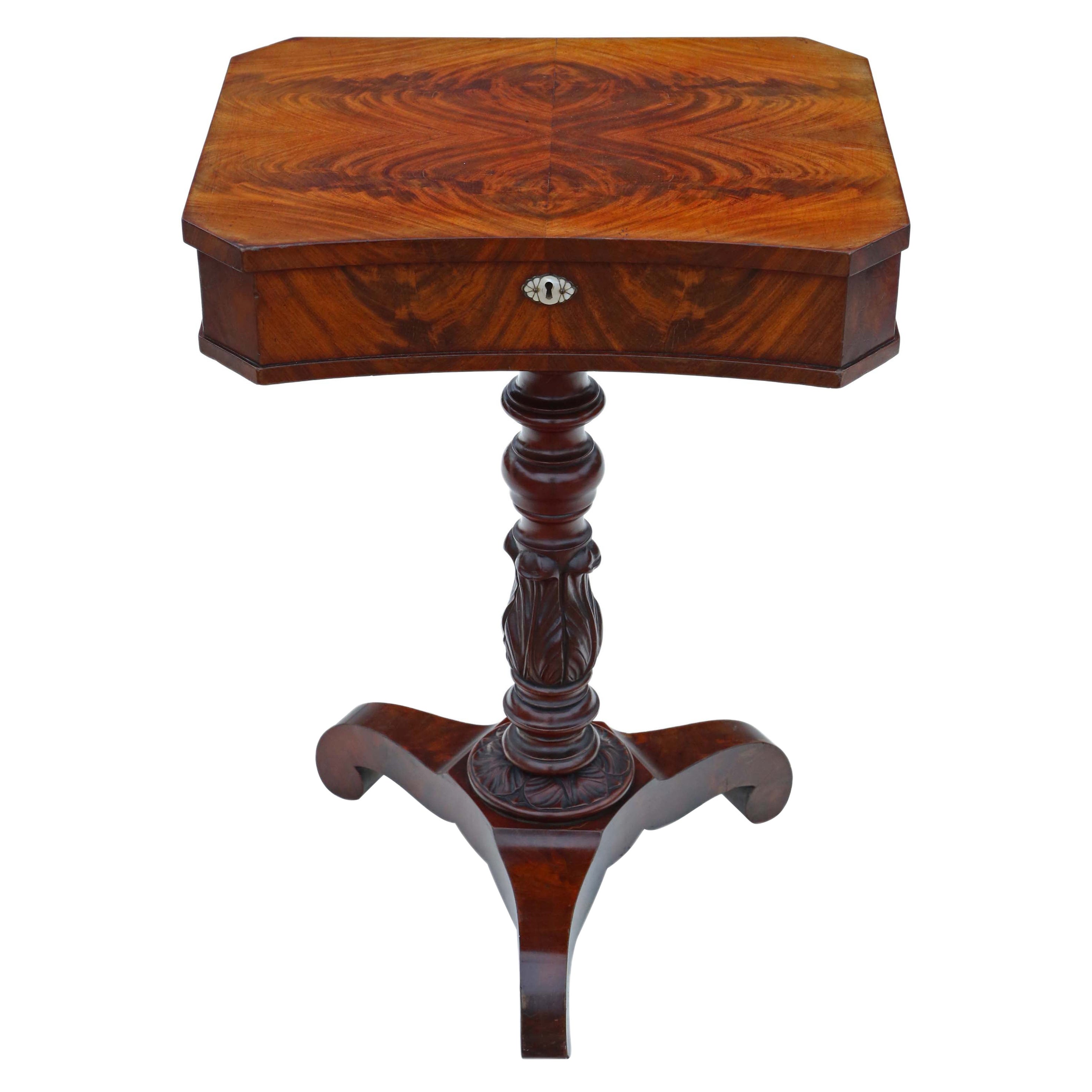 Antique Early Victorian Flame Mahogany Work Side Sewing Table For Sale