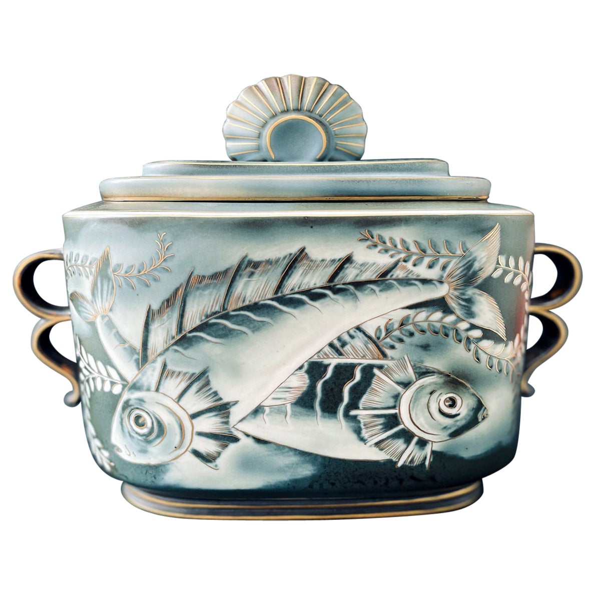 "Perch & Angelfish, " Unique, Ambitious Art Deco Covered Urn by Nylund, Rorstrand