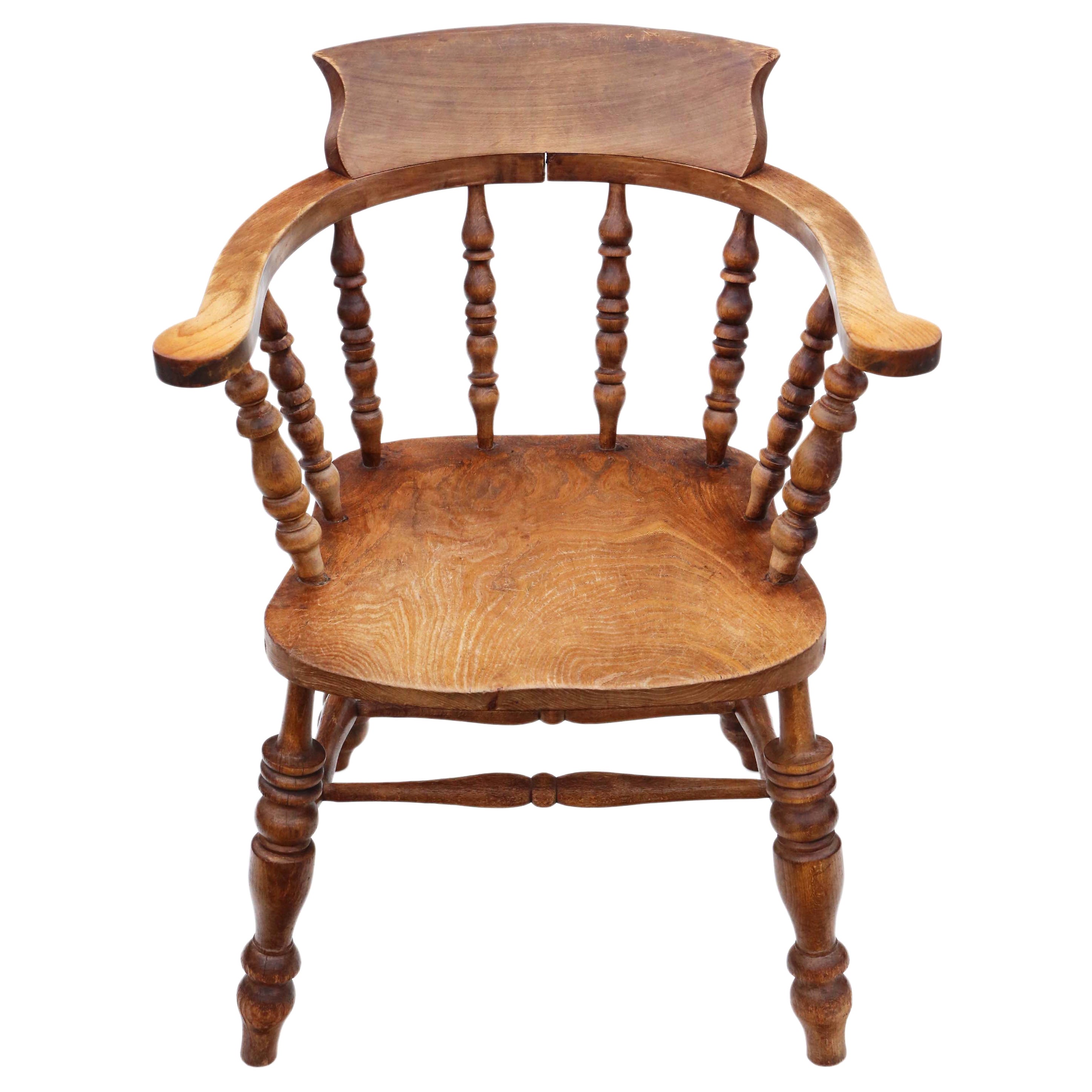 Antique Elm and Beech Bow Armchair Elbow Desk Chair Victorian For Sale