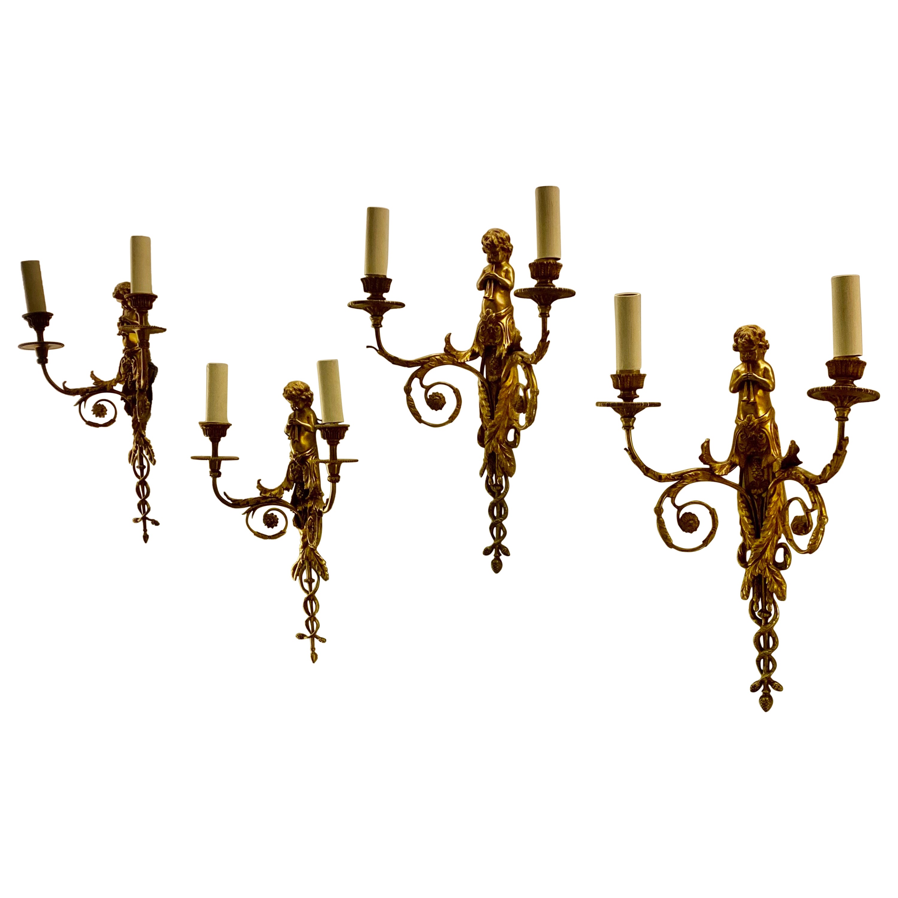 Set of Four French Gilt Bronze Dore Two Branch Cherub Wall Sconces For Sale