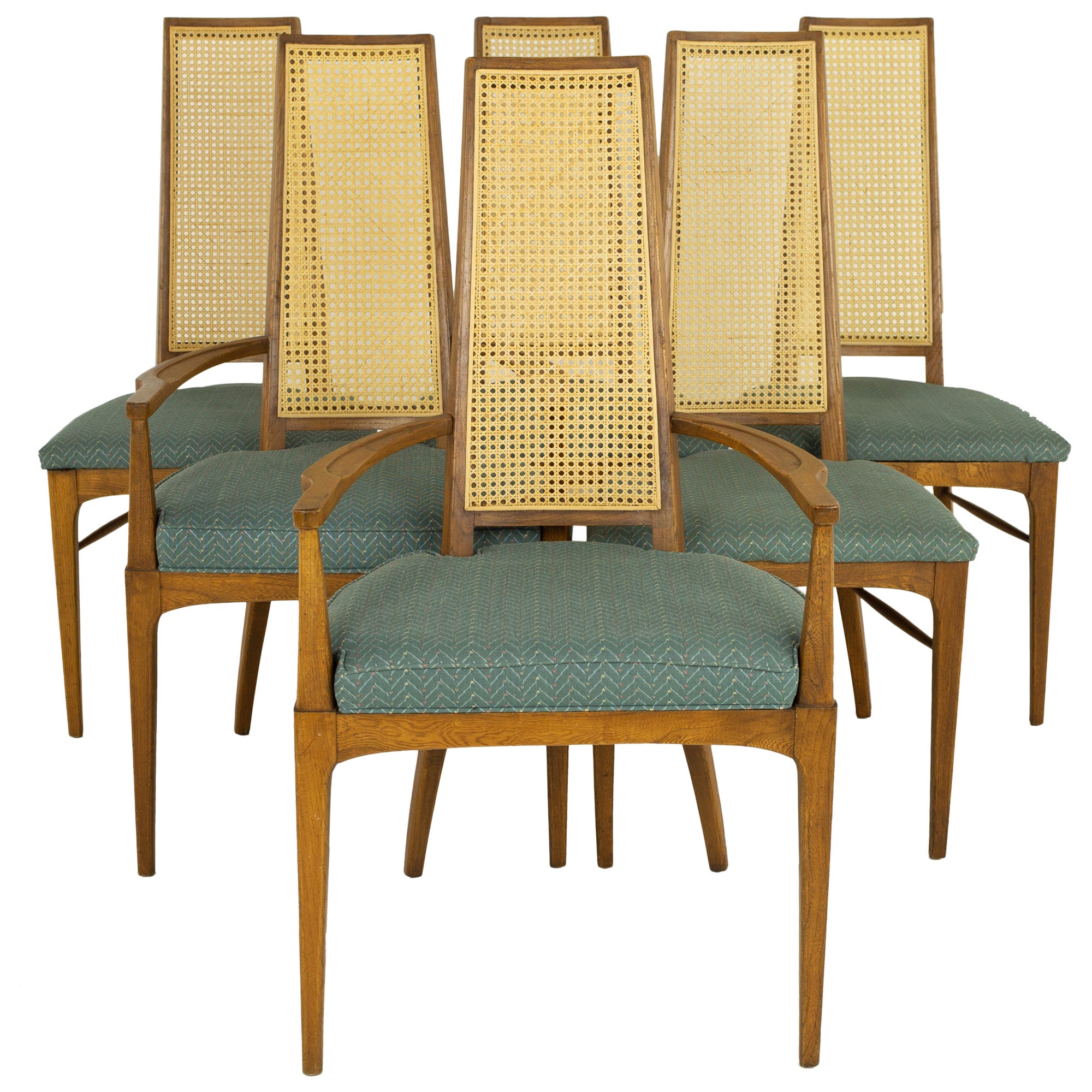 Lane Rhythm Style Mid Century Walnut and Cane High Back Dining, Chairs Set of 6