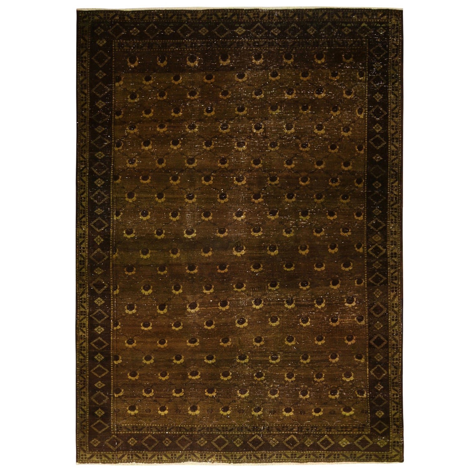Vintage Mid-Century Golden-Brown and Green Wool Rug with Yellow Floral Accents