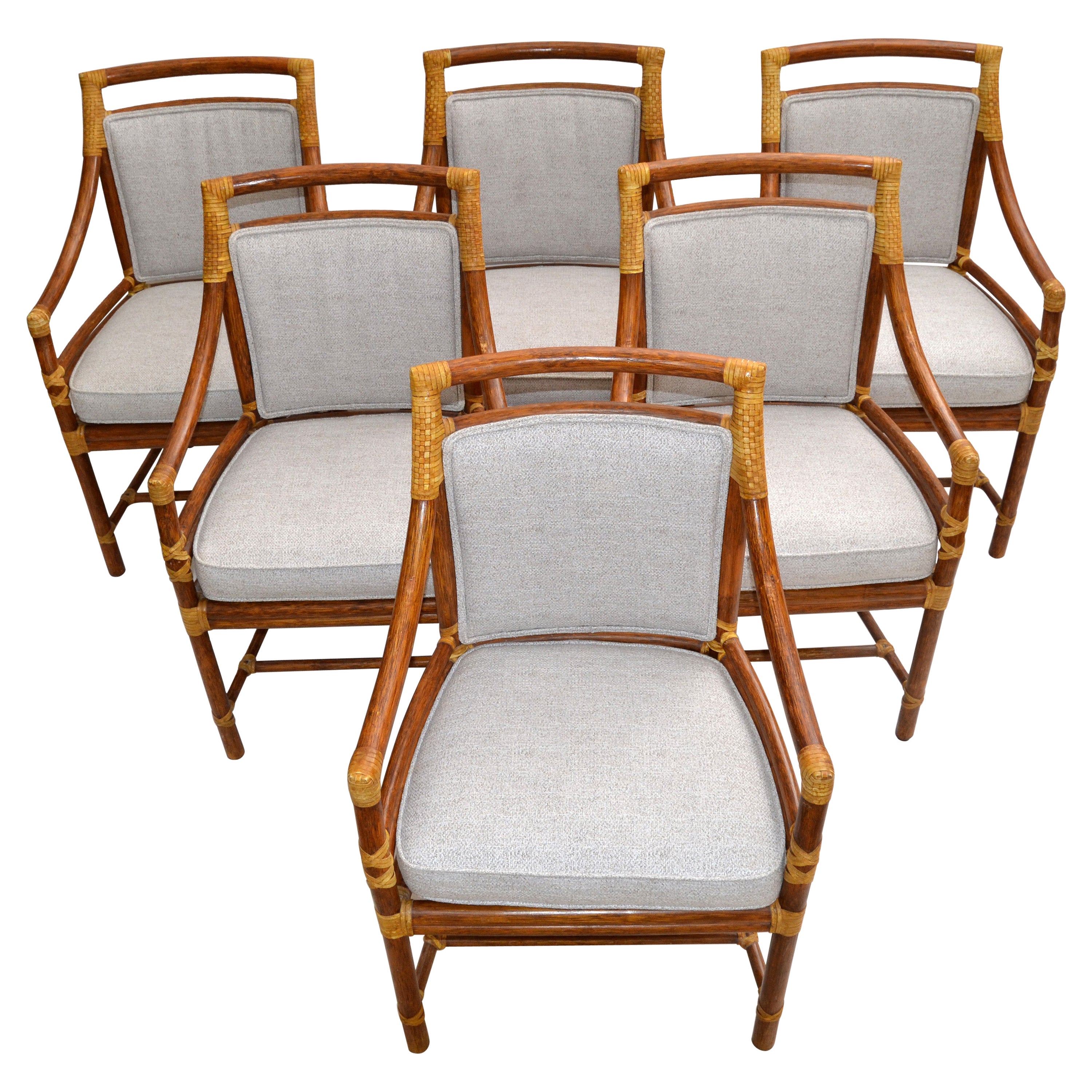 McGuire Mid-Century Modern Bamboo & Cane Armchair Dining Chair Leather, Set 6