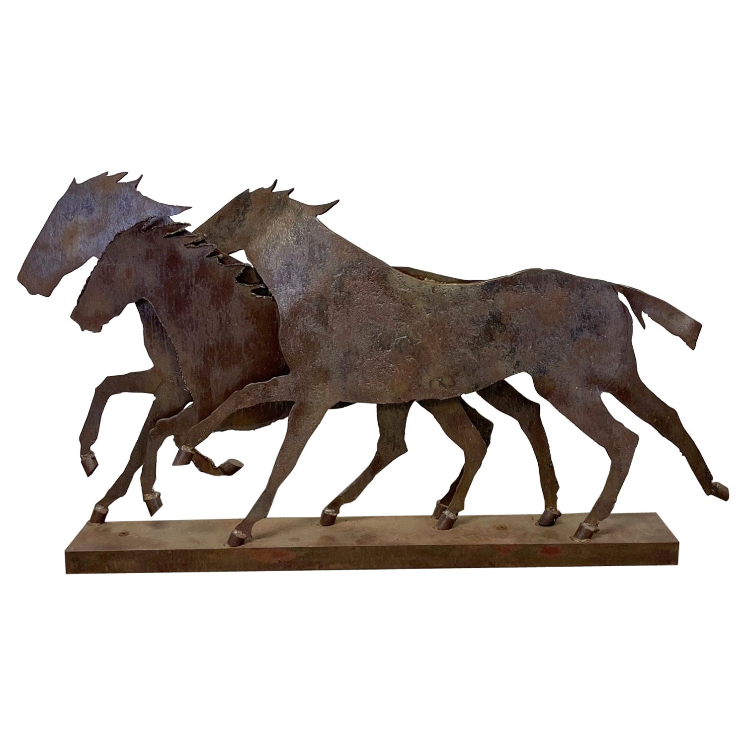 Three Hand Cut Iron Galloping Horses Outdoor Sculpture on Base For Sale