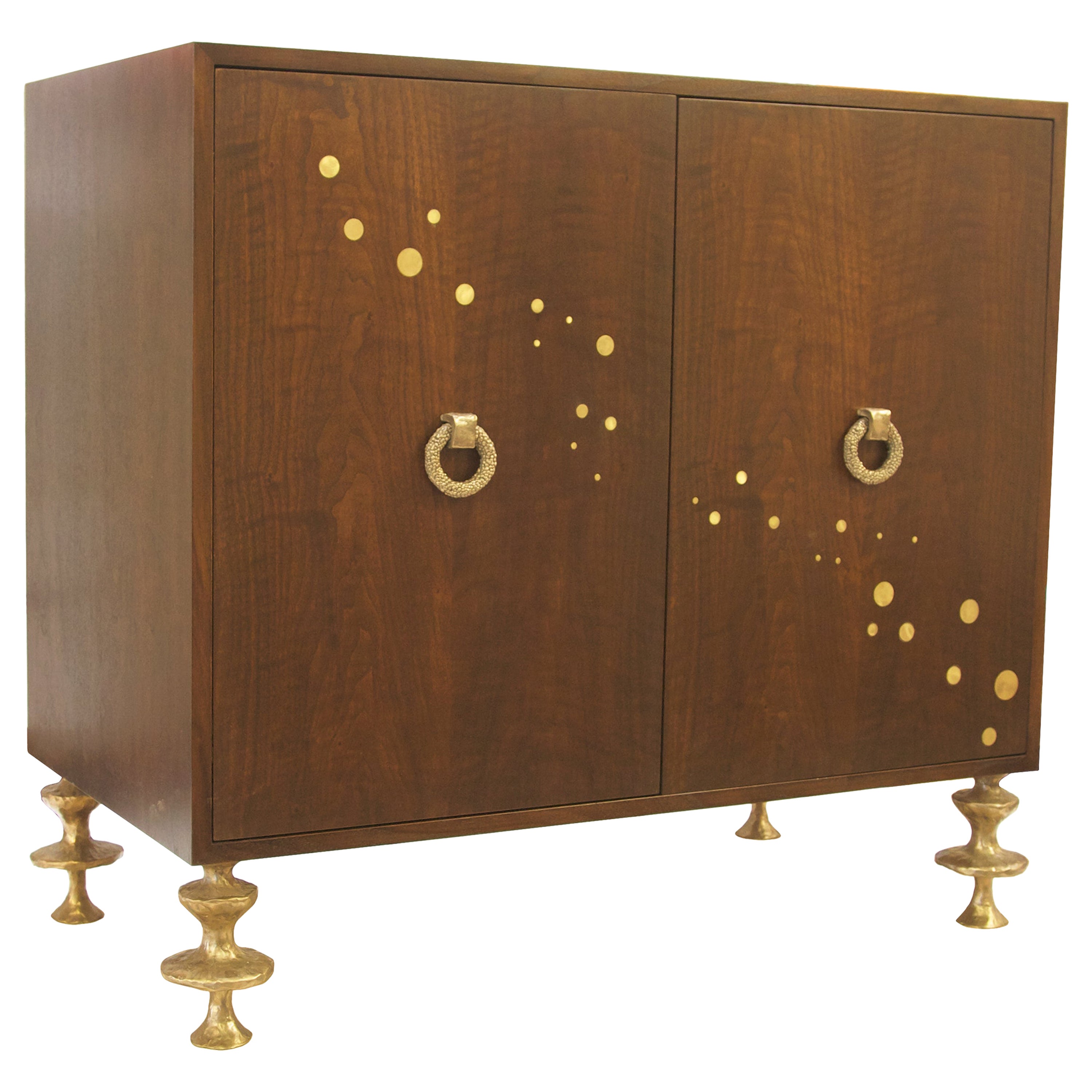 Walnut and Bronze Bar Cabinet with Hand-Sculpted Bronze Handles and Legs For Sale