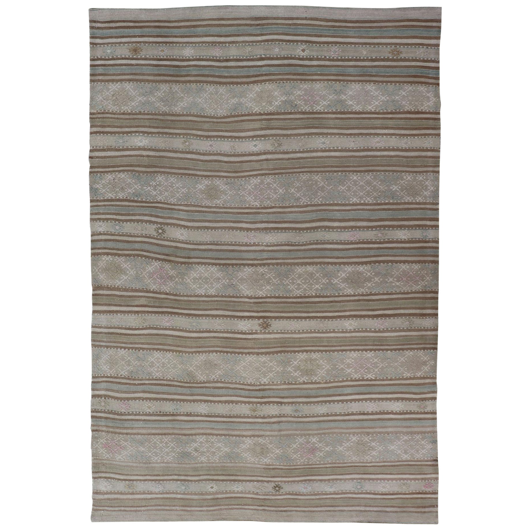 Flat-Weave Embroideries Kilim in Taupe, Green, Teal, Blue and Brown