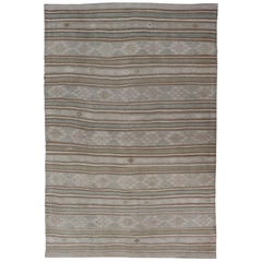 Flat-Weave Embroideries Kilim in Taupe, Green, Teal, Blue and Brown