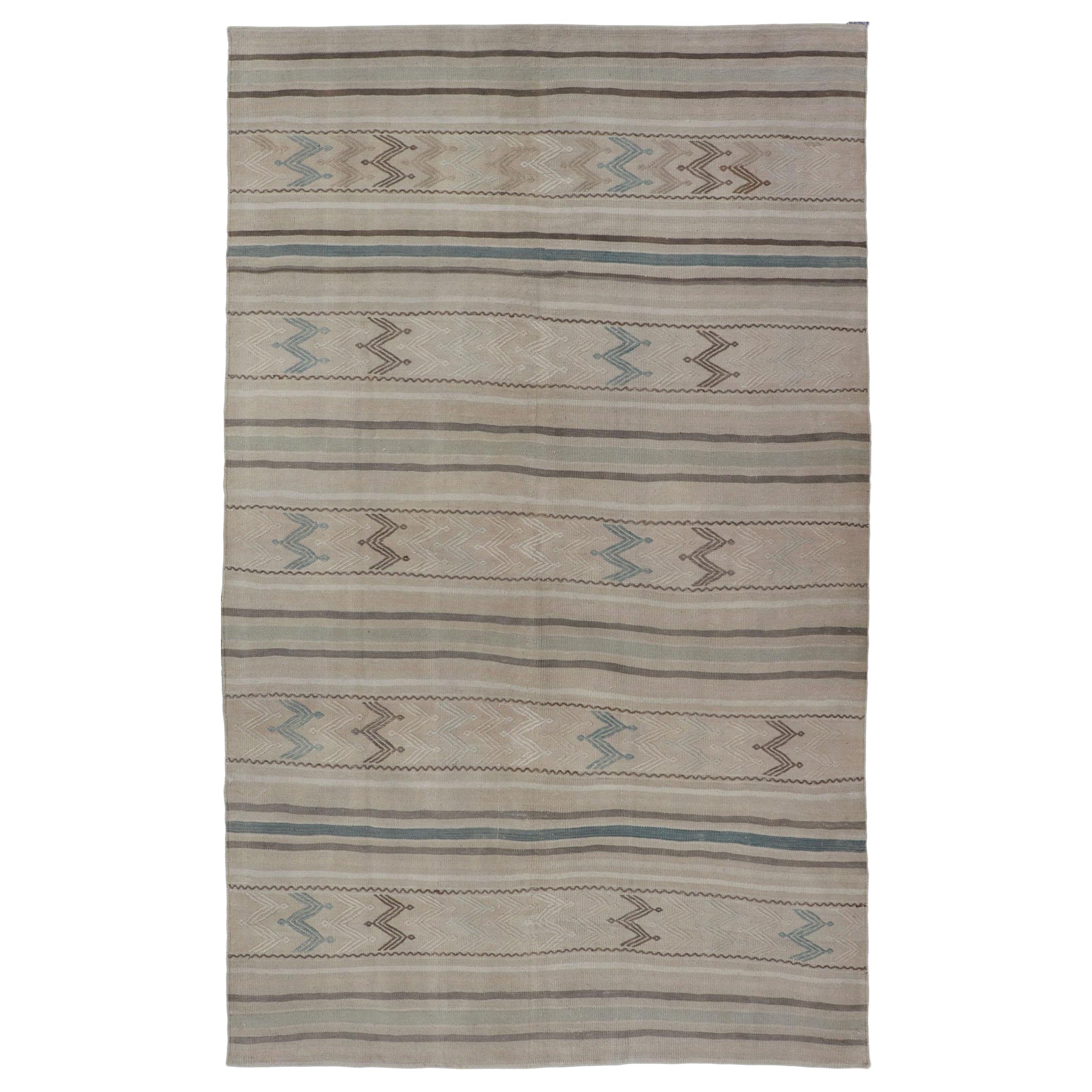 Vintage Turkish Flat-Weave Muted Colored Kilim in Taupe, Brown and Light Blue