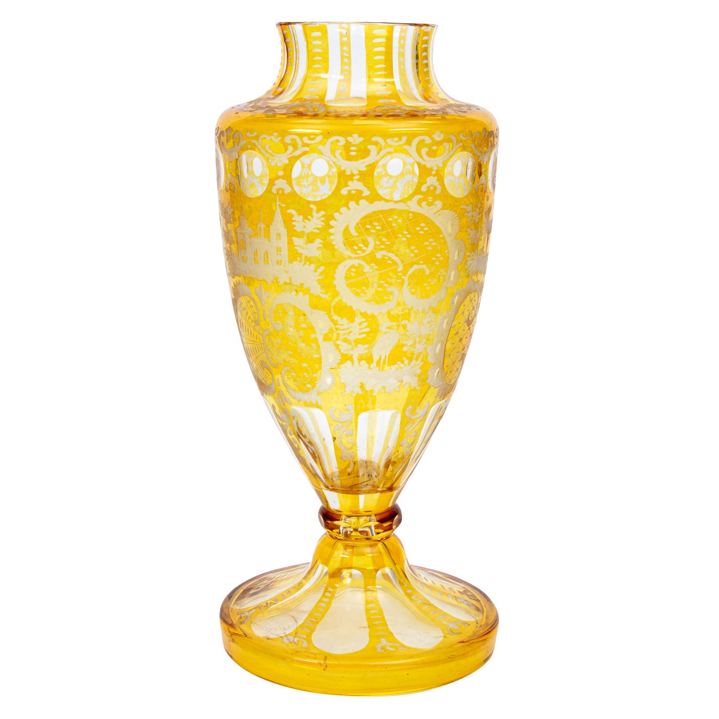 Bohemian Etched Vase Clear to Yellow For Sale