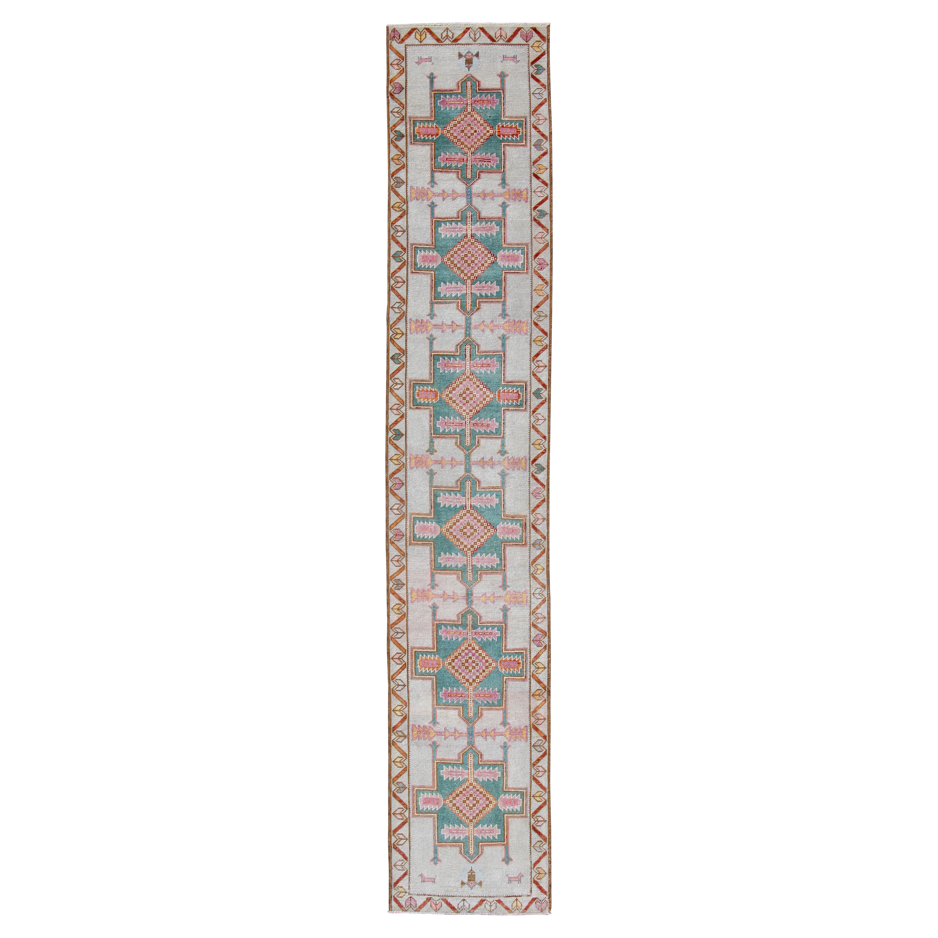 Cream Color Vintage Turkish Oushak Runner with Repeating Geometric Design For Sale