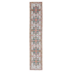 Cream Color Vintage Turkish Oushak Runner with Repeating Geometric Design