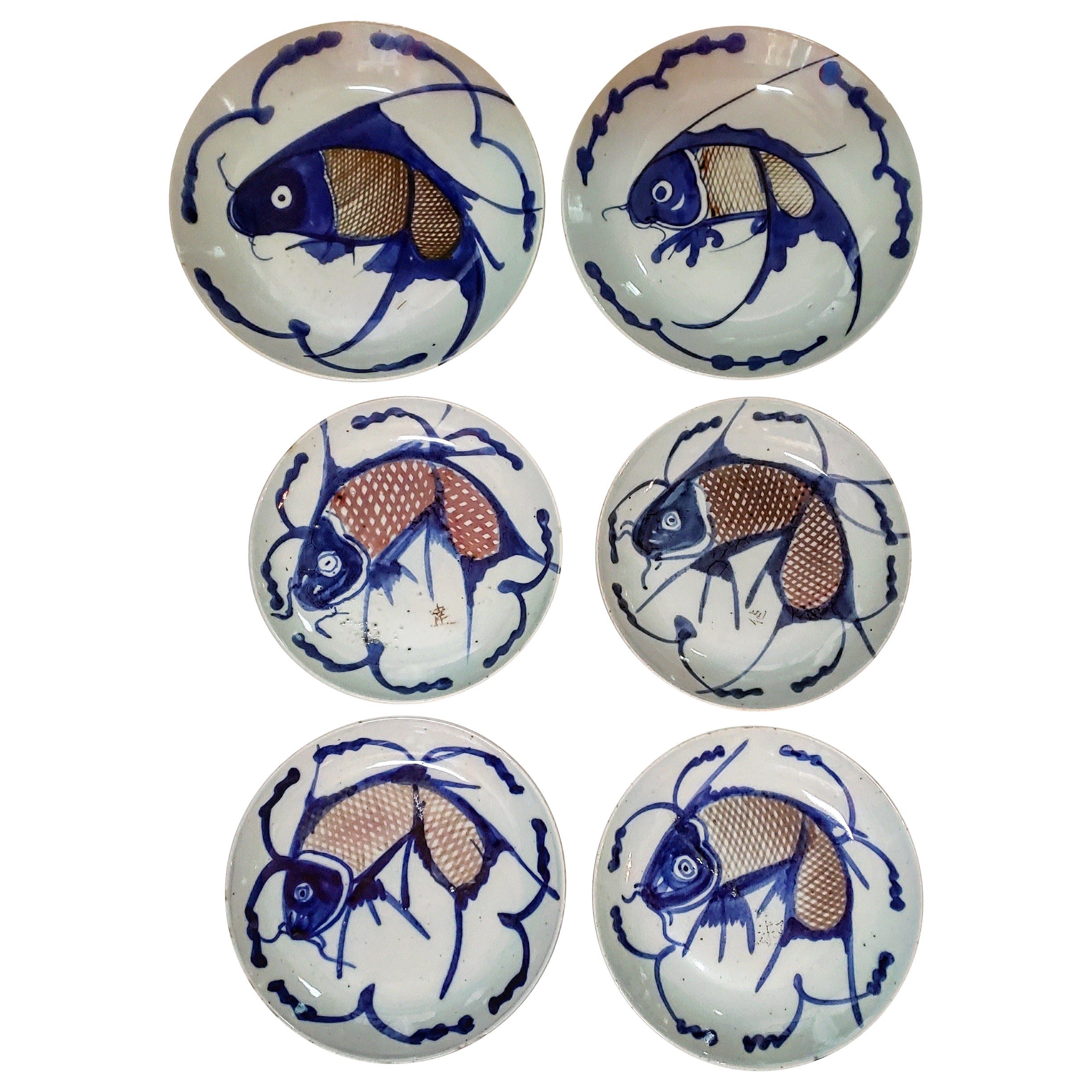 Set of Six Qing Dynasty Carp Plates