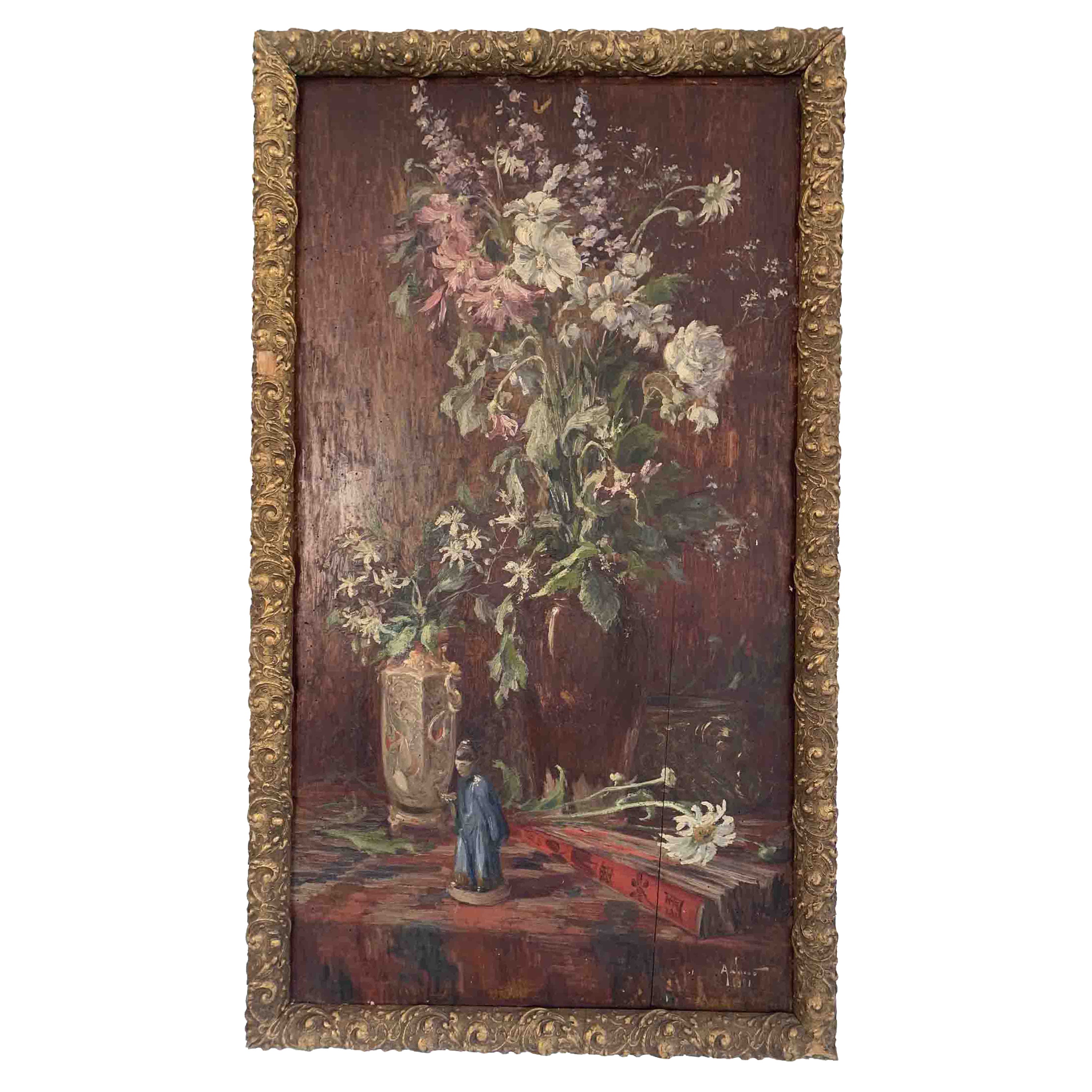 Jacob Alexandre "Bouquet of Flowers and Statuette" Panel For Sale
