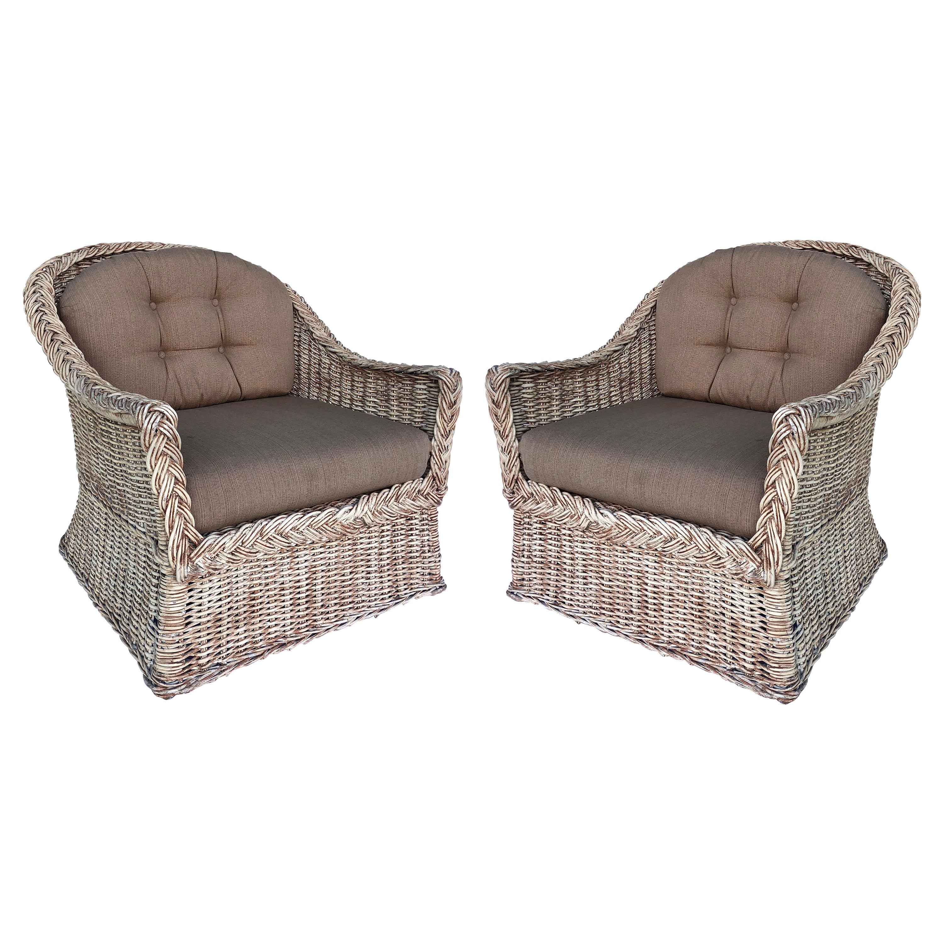 Vintage Bielecky Brothers Woven Rattan Lounge Chairs, Pair