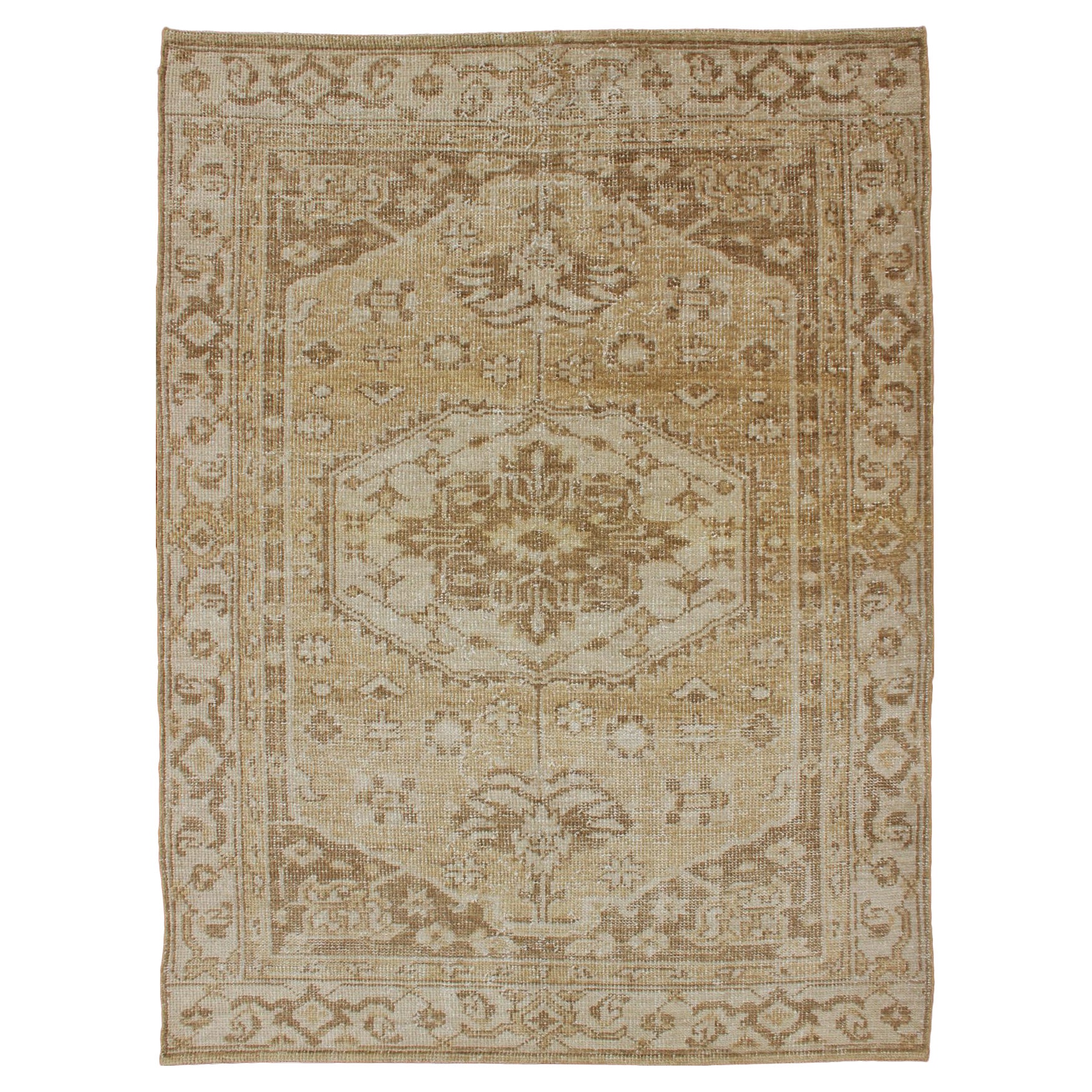 Medallion Design Oushak with Brown, Yellow, Golden Brown, and Cream