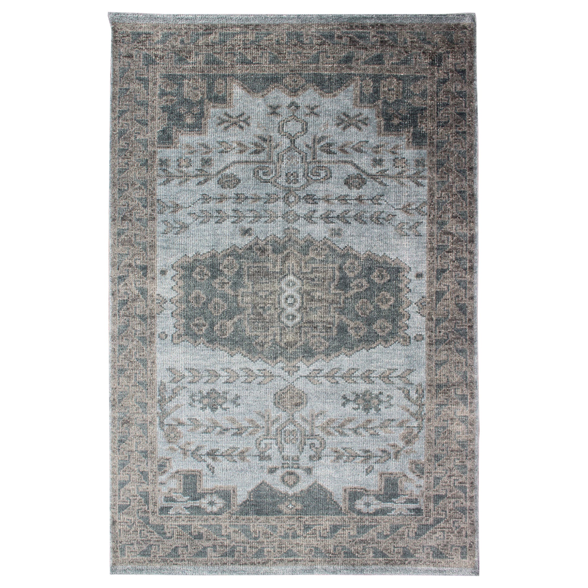 Oushak Design Distressed Rug in Gray, Taupe, & Cream with large Medallion Design