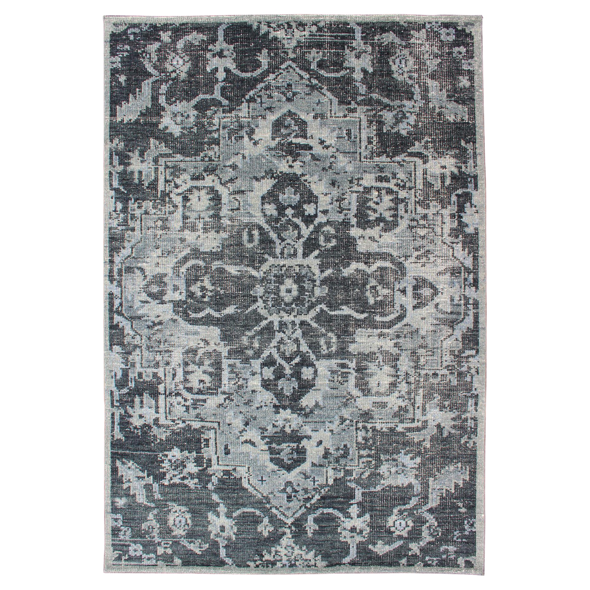 Modern Serapi Design Rug in Gray, D. Blue & D. Charcoal with Geometric Design