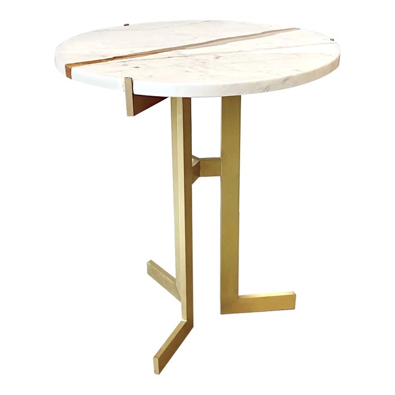 Modern Italian White Marble Gold Resin Split Side Table on Satin Brass