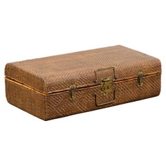 Indian Used Bamboo and Woven Rattan Suitcase with Brass Hardware