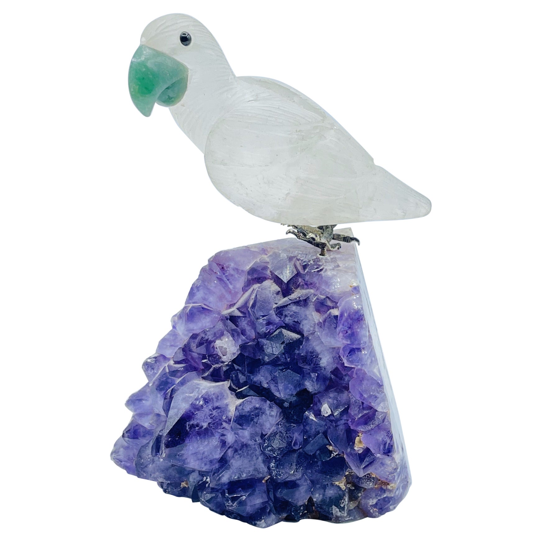 Rock Crystal and Amethyst Geode Sculpture of a Carved Parrot Bird