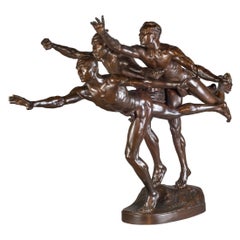 Antique Patinated Bronze Figural Group Sculpture Entitled 'Au But' by Alfred Bucher