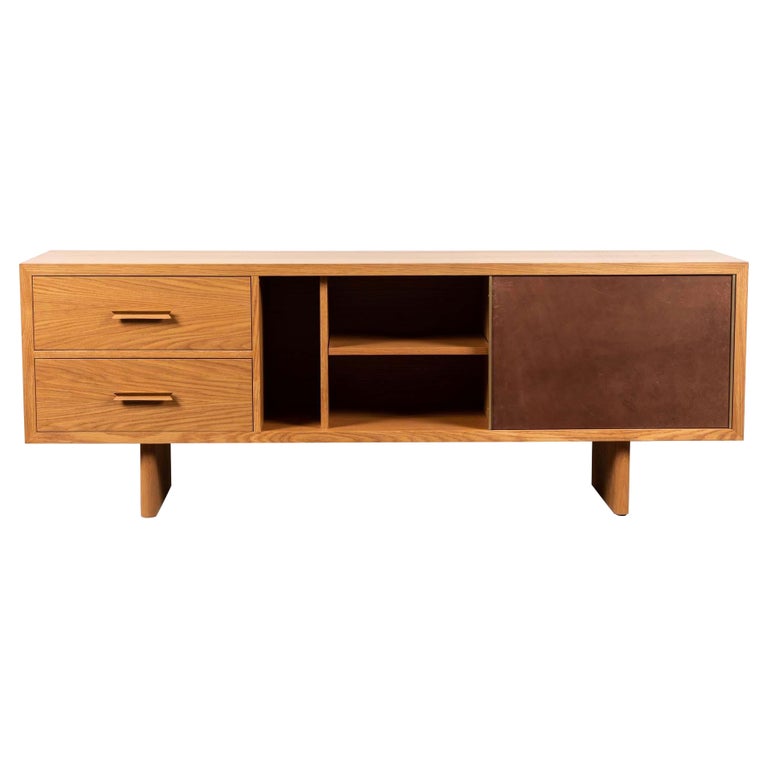 Oak and Leather Inverness Media Cabinet by Lawson-Fenning For Sale