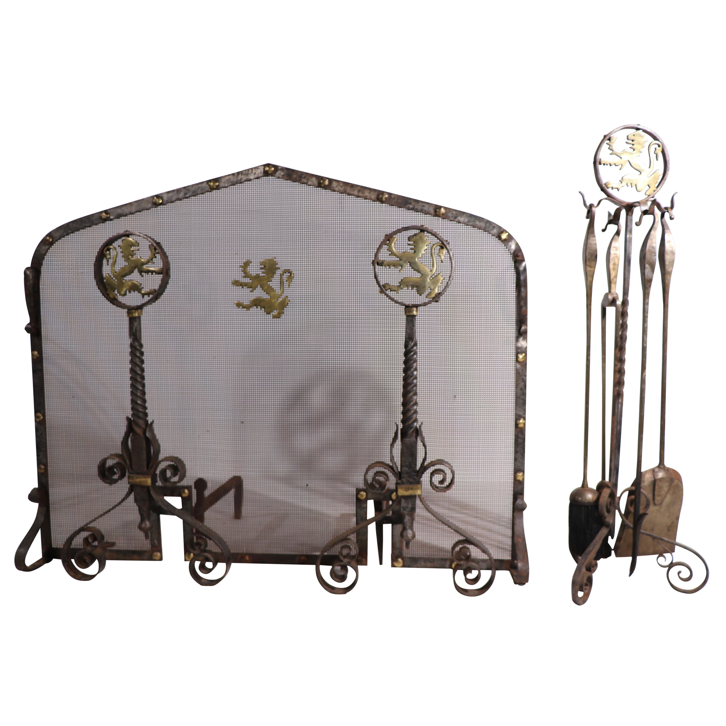 Complete Fireplace Set Inc, Andirons Screen and Tools