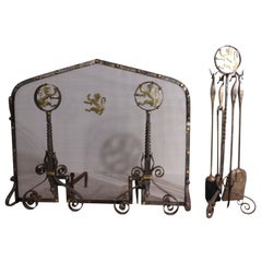 Complete Fireplace Set Inc, Andirons Screen and Tools