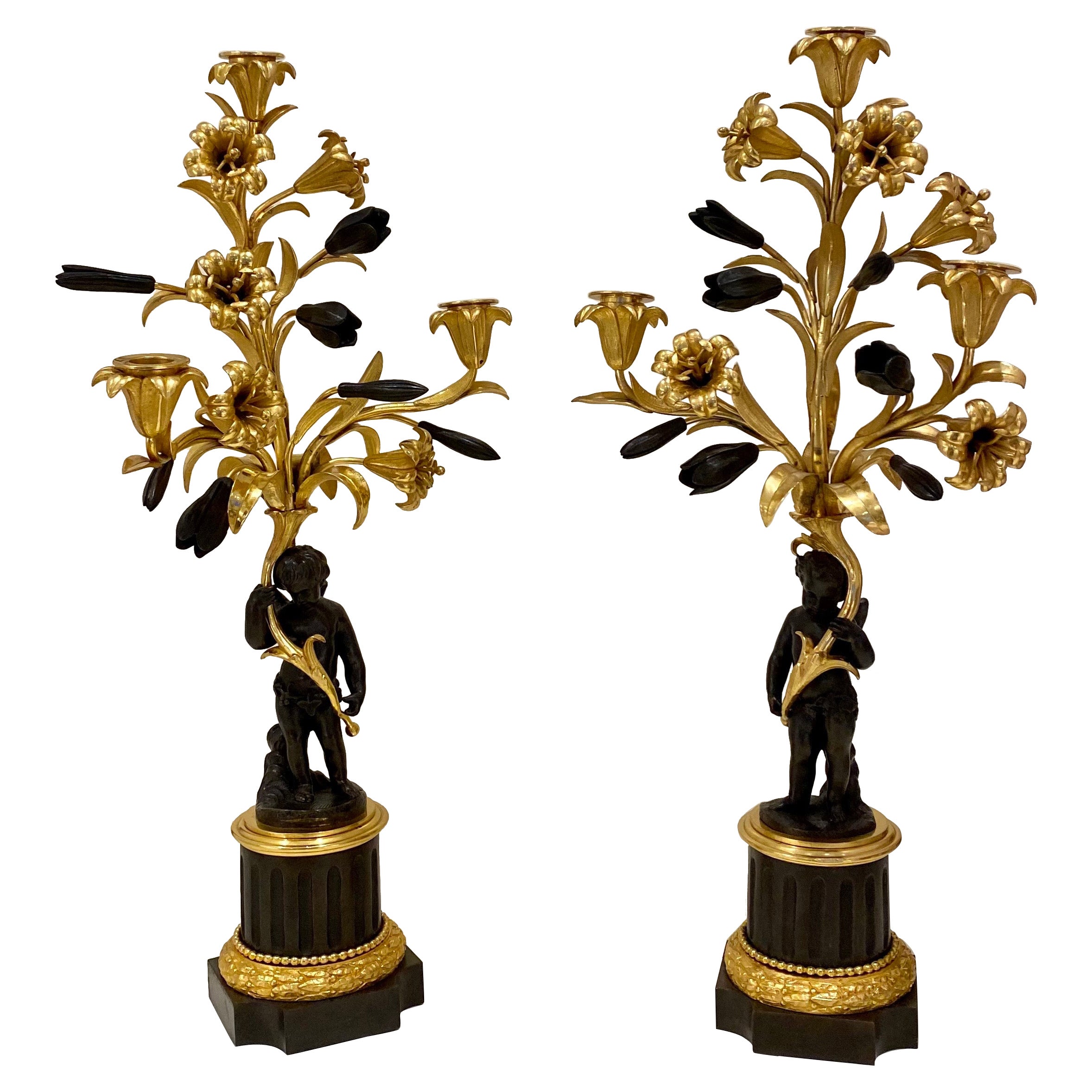 Fine Pair of French Gilt & Patinated Bronze Ormolu 3 Light Candelabra